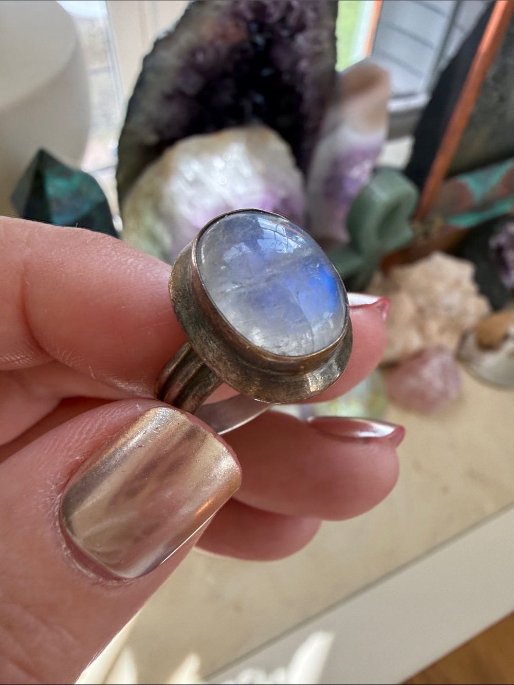 Moonstone Sterling Silver Statement Ring in Iridescent Blue size 6.5